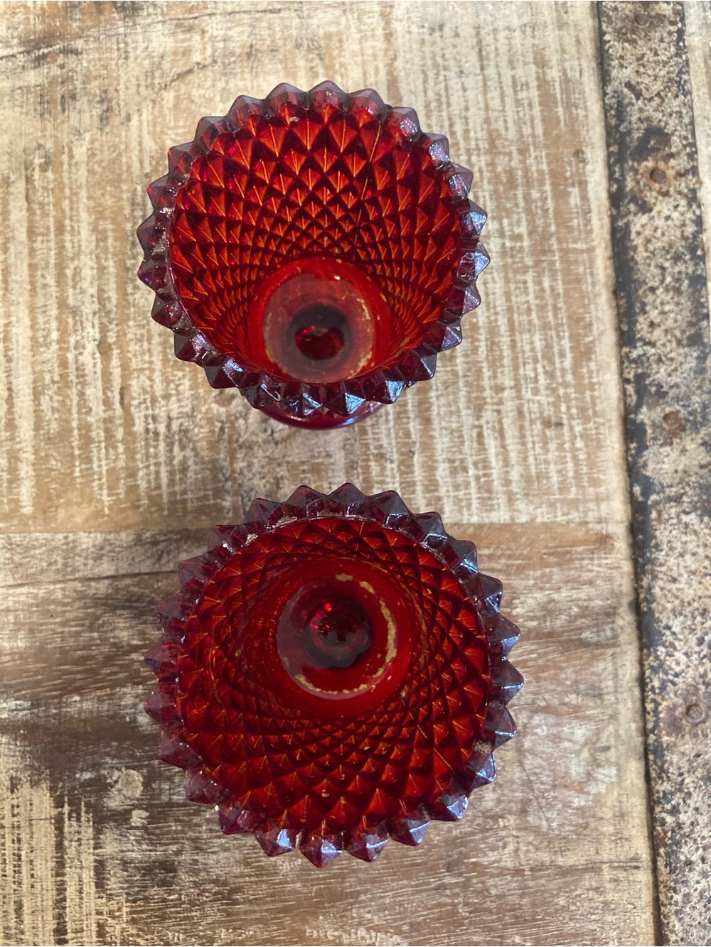 2 Pegged Glass Votive Holders Vintage Red Painted Diamond Pattern 70s-80s Decor - Picture 13 of 13